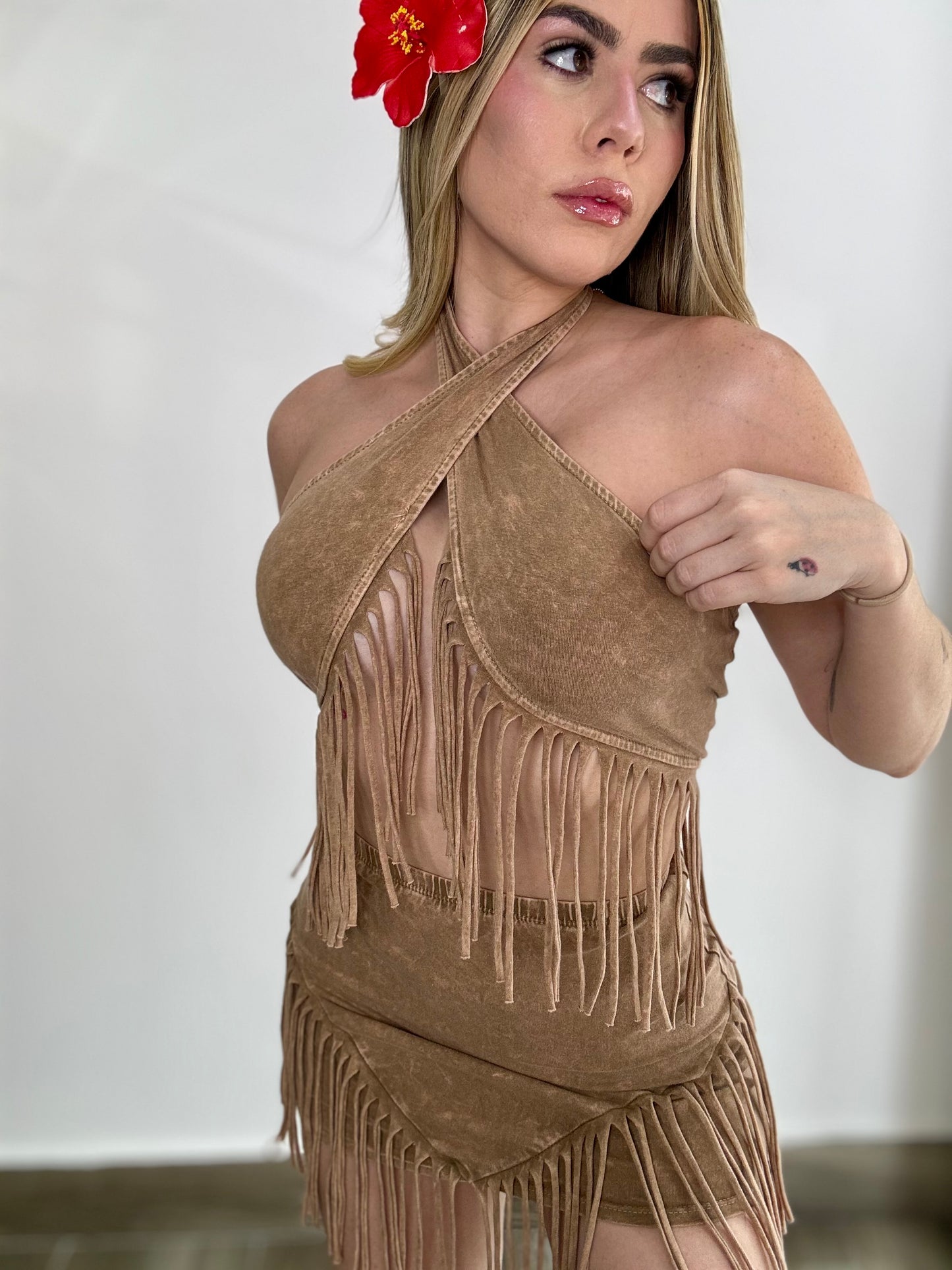 Fringe Detail Mini Skirt Set