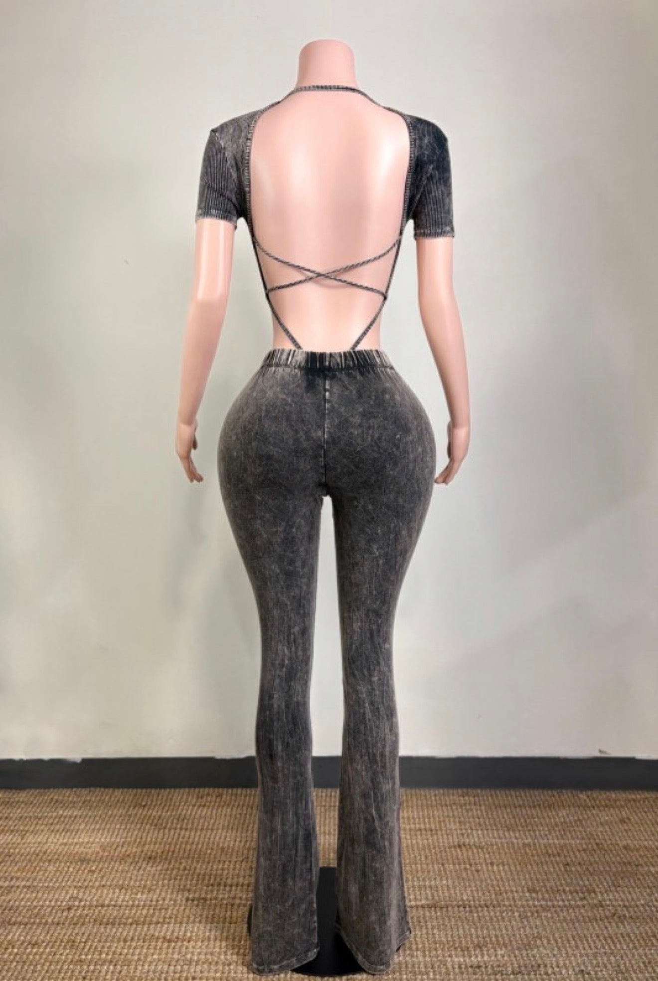 Mineral Wash Open Back Bodysuit & Flare Pant Set