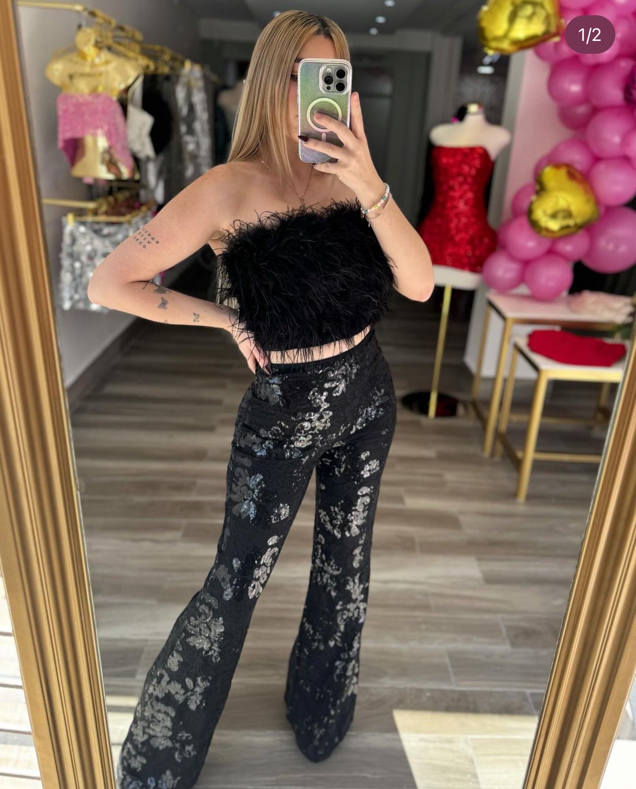 Black Feather Trim Crop Top