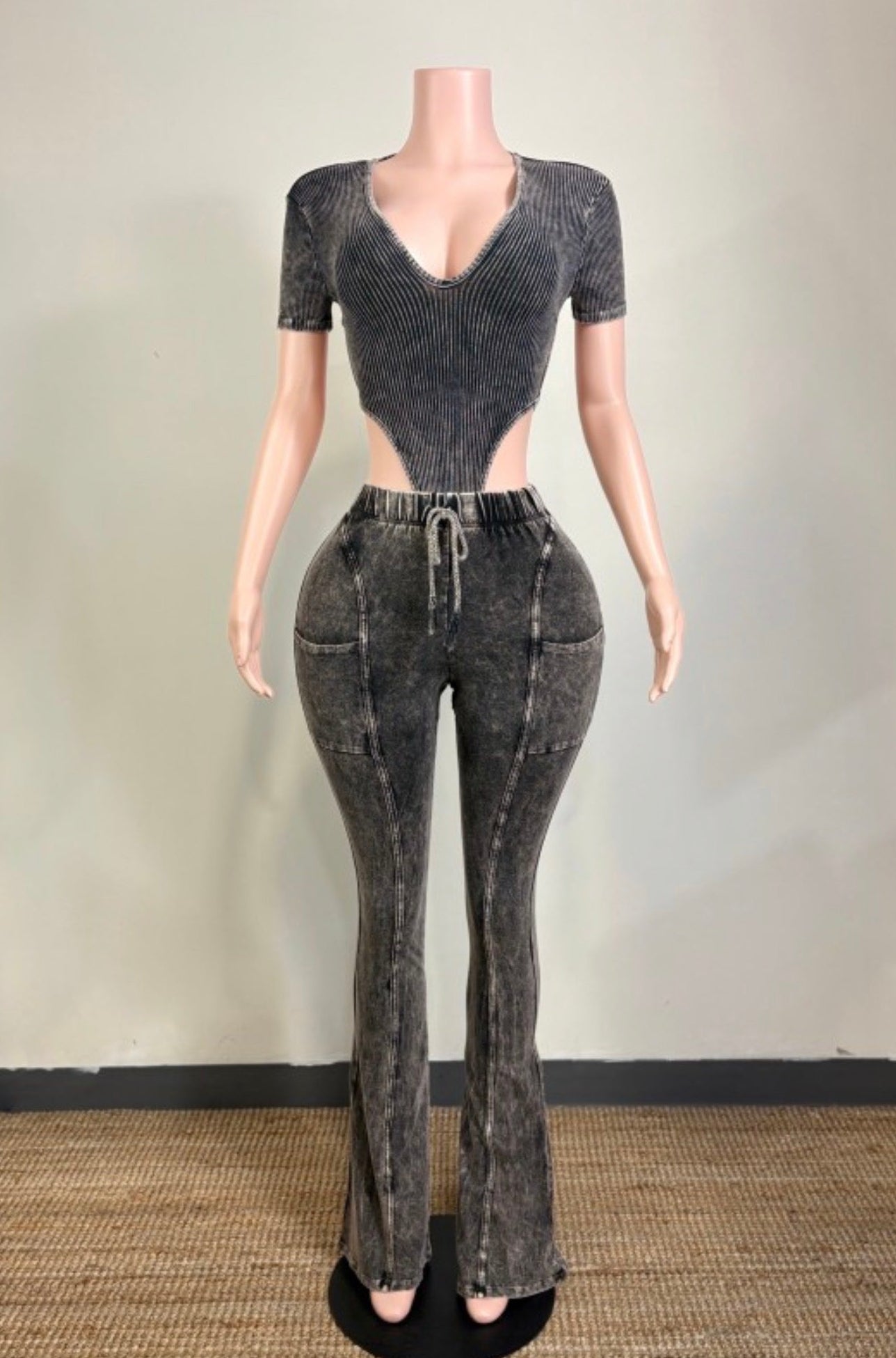 Mineral Wash Open Back Bodysuit & Flare Pant Set